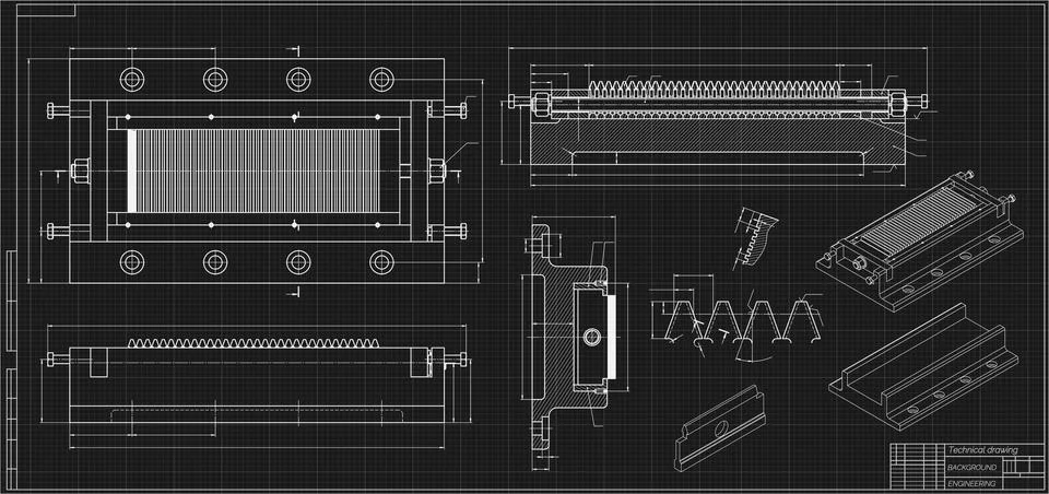 Mechanical engineering drawing of cutting tool on black background. Flat Stock Illustration