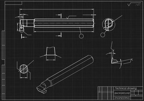 Mechanical engineering drawing of cutting tool on black background. Internal Stock Illustration