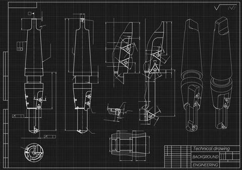 Mechanical engineering drawing of cutting tool on black background. Modular Stock Illustration
