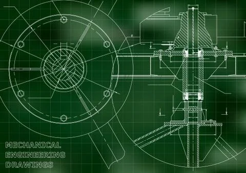 Mechanical engineering drawing. Green background. Grid Stock Illustration