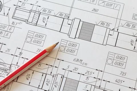 Mechanical engineering drawing with a pencil lying on it. Engineering concept Stock Photos