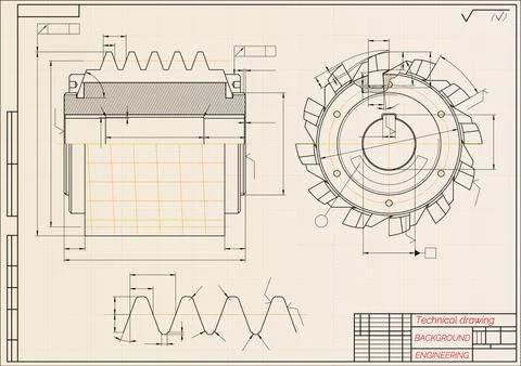 Mechanical engineering drawings on beige technical paper background. Cuttin.. Stock Illustration