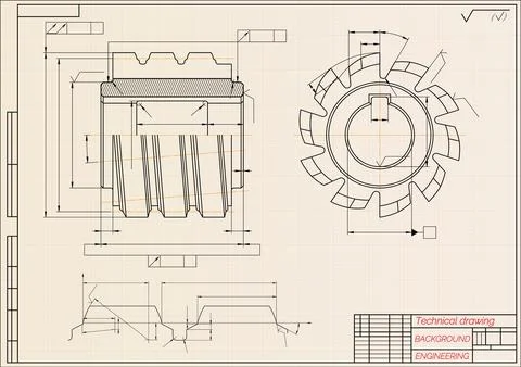 Mechanical engineering drawings on beige technical paper background. Cuttin.. Stock Illustration