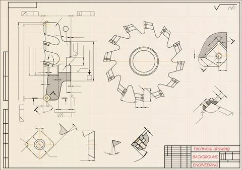 Mechanical engineering drawings on beige technical paper background. Cuttin.. Stock Illustration