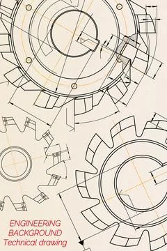 Mechanical engineering drawings on beige technical paper background. Cuttin.. Stock Illustration
