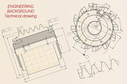 Mechanical engineering drawings on beige technical paper background. Cuttin.. Stock Illustration