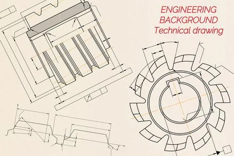 Mechanical engineering drawings on beige technical paper background. Cuttin.. Stock Illustration