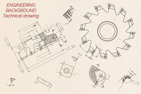 Mechanical engineering drawings on beige technical paper background. Cuttin.. Illustrazione stock