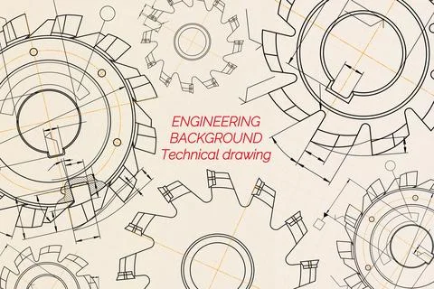 Mechanical engineering drawings on beige technical paper background. Cuttin.. Stock Illustration