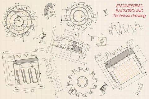 Mechanical engineering drawings on beige technical paper background. Cuttin.. Stock Illustration