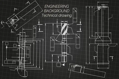Mechanical engineering drawings on black background. Tap tools, borer, cutting Stock Illustration