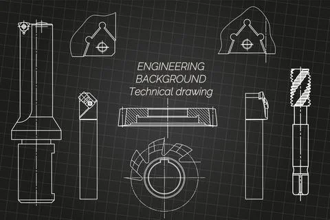 Mechanical engineering drawings on black background. Tap tools, borer, cutting Stock Illustration