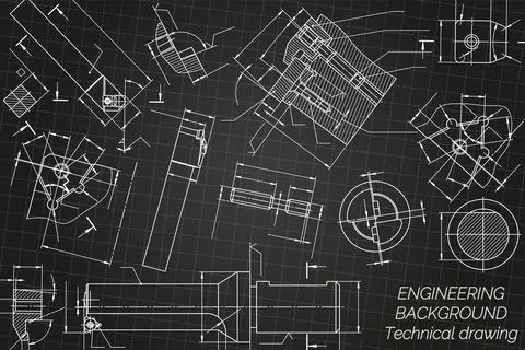 Mechanical engineering drawings on black background. Tap tools, borer, cutting Stock Illustration