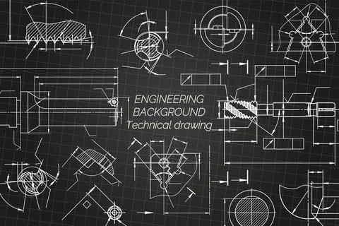 Mechanical engineering drawings on black background. Tap tools, borer, cutting Stock Illustration