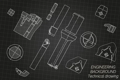 Mechanical engineering drawings on black background. Tap tools, borer, cutting Stock Illustration