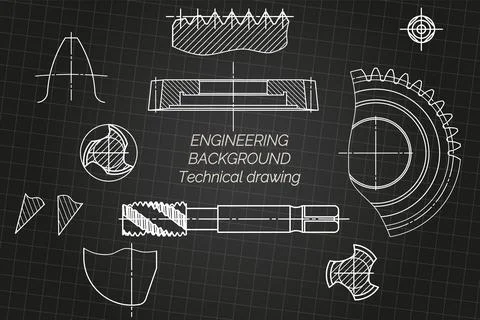 Mechanical engineering drawings on black background. Tap tools, borer, cutting Stock Illustration