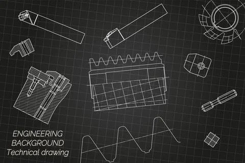 Mechanical engineering drawings on black background. Tap tools, borer, cutting Illustrazione stock