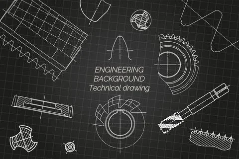 Mechanical engineering drawings on black background. Tap tools, borer, cutting 스톡 일러스트