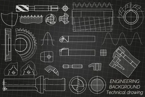Mechanical engineering drawings on black background. Tap tools, borer, cutting Illustrazione stock