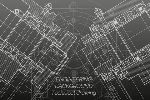 Mechanical engineering drawings on black background. Milling machine spindle. Stock Illustration