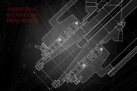 Mechanical engineering drawings on black background. Milling machine spindle. Stock Illustration