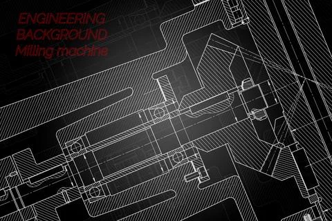 Mechanical engineering drawings on black background. Milling machine spindle. Stock Illustration