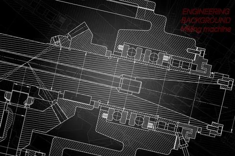 Mechanical engineering drawings on black background. Milling machine spindle. Stock Illustration