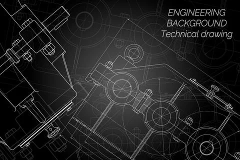 Mechanical engineering drawings on black background. Reducer. Technical Desig Stock Illustration