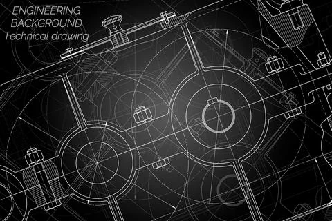 Mechanical engineering drawings on black background. Reducer. Technical Desig Stock Illustration