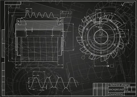 Mechanical engineering drawings on black background. Cutting tools, milling Stock Illustration