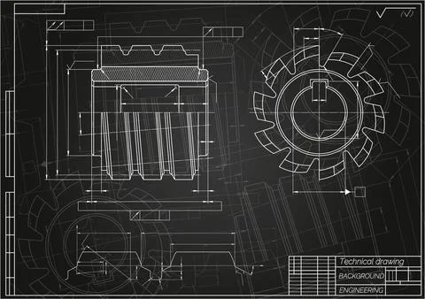 Mechanical engineering drawings on black background. Cutting tools, milling Stock Illustration