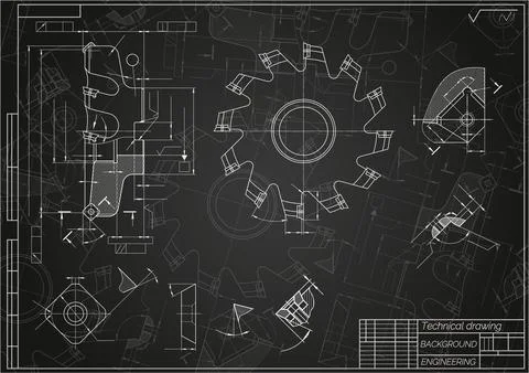 Mechanical engineering drawings on black background. Cutting tools, milling Illustrazione stock