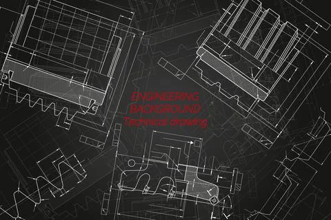 Mechanical engineering drawings on black background. Cutting tools, milling Illustrazione stock