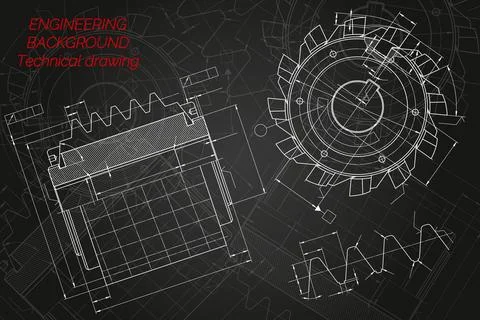 Mechanical engineering drawings on black background. Cutting tools, milling Stock Illustration