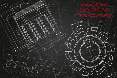 Mechanical engineering drawings on black background. Cutting tools, milling Stock Illustration