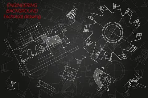 Mechanical engineering drawings on black background. Cutting tools, milling Stock Illustration