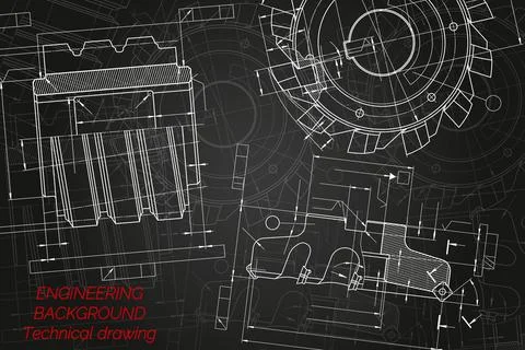Mechanical engineering drawings on black background. Cutting tools, milling Stock Illustration
