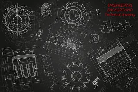Mechanical engineering drawings on black background. Cutting tools, milling Stock Illustration