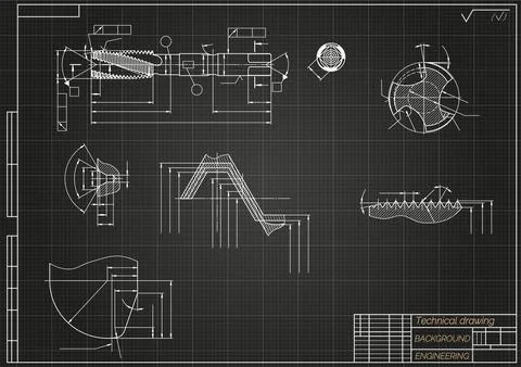 Mechanical engineering drawings on black background. Tap tools, borer. Technical Illustrazione stock