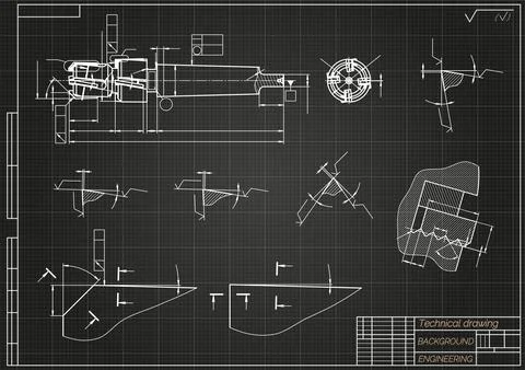 Mechanical engineering drawings on black background. Tap tools, borer. Technical Stock Illustration