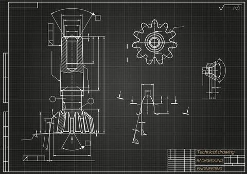 Mechanical engineering drawings on black background. Tap tools, borer. Technical Stock Illustration