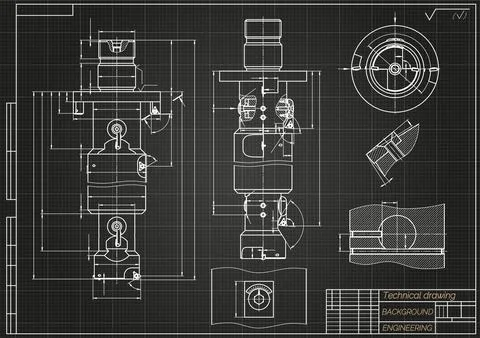 Mechanical engineering drawings on black background. Tap tools, borer. Technical Illustrazione stock
