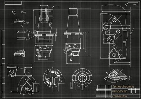 Mechanical engineering drawings on black background. Tap tools, borer. Technical Illustrazione stock