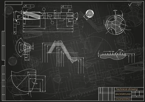 Mechanical engineering drawings on black background. Tap tools, borer. Technical イラスト素材
