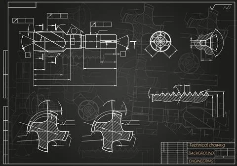 Mechanical engineering drawings on black background. Tap tools, borer. Technical Stock Illustration