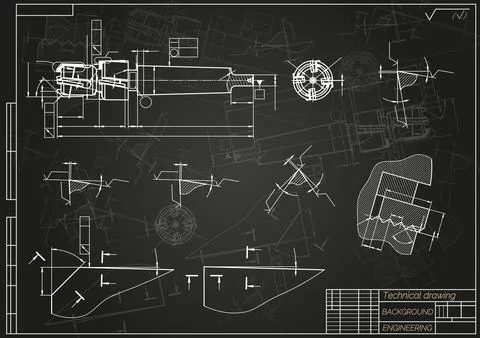 Mechanical engineering drawings on black background. Tap tools, borer. Technical Stock Illustration