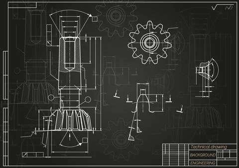 Mechanical engineering drawings on black background. Tap tools, borer. Technical Stock Illustration