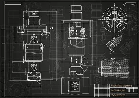 Mechanical engineering drawings on black background. Tap tools, borer. Technical Illustrazione stock