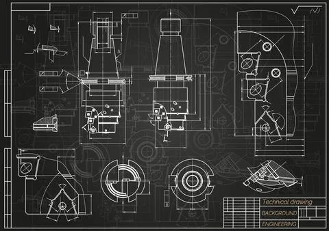 Mechanical engineering drawings on black background. Tap tools, borer. Technical Stock Illustration
