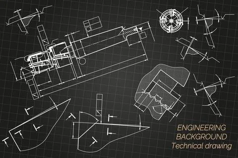 Mechanical engineering drawings on black background. Tap tools, borer. Technical Illustrazione stock